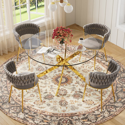 Modern Round Pedestal Dining Set with Weaven Velvet Dininig Chair
