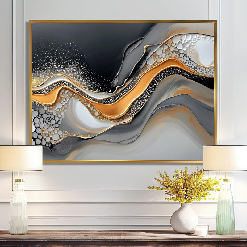 Fractale dorée et grise à l'encre Shift II - reproduction d'art moderne abstrait transitionnel, H 24 po x l 32 po, Doré