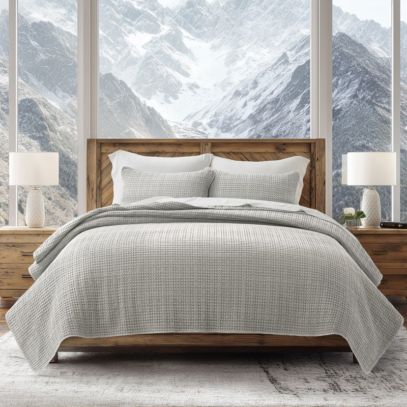 Stonewashed 100% Natural Cotton Waffle Quilt Set, King Quilt + 2 King Shams, Misty Gray