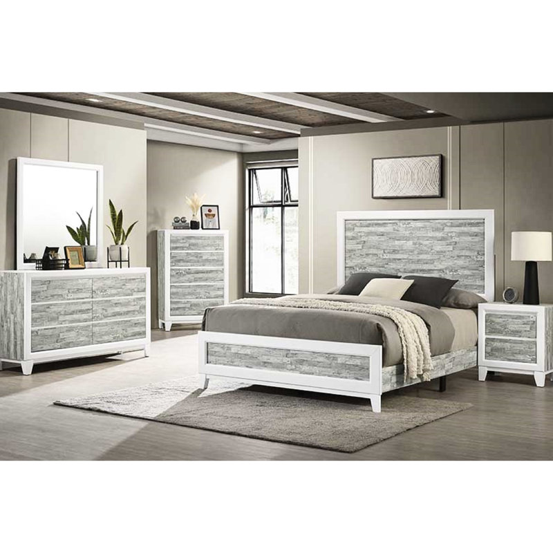 Grand lit avec tête de lit haute de style gris et blanc pour chambre à coucher, Queen