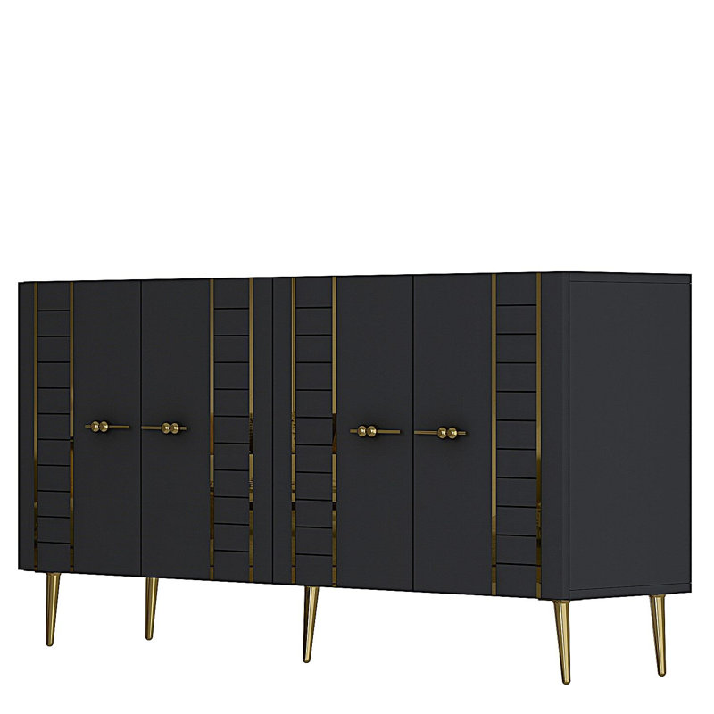 Console moderne avec plusieurs tablettes, anthracite et or, panneau de particules enduit 100% mélamine, épaisseur: 0,7 pouce | Design géométrique mural et élégant pour les espaces de vie glamour