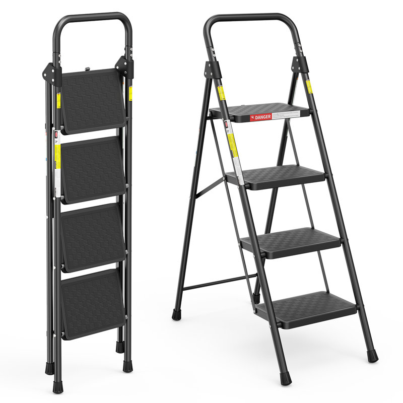 4-Step Foldable Step Stool with Anti-Slip Pedal & Cushioned Handle, Ladder for Adults, 330 lb Capacity, for Kitchen, Black