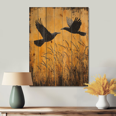 Dark Crows In The Cornfield I - Bird Wood Wall Art - On Natural Pine Wood