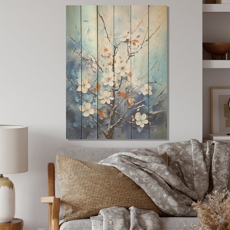 Bouquet de fleurs de neige «Harmony I» - Art sur bois de pin naturel, H 32 po x l 24 po