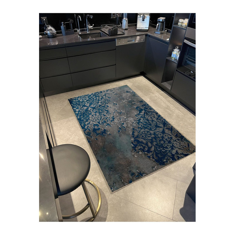 Tapis bleu et gris à motif abstrait lavable à la machine, Tapis de couloir 4 pi 11 po x 9 pi 10 po inclus