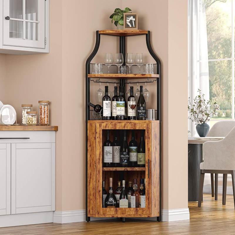 Armoire à vin de coin à 5 niveaux avec support et porte-verre, armoire de bar industrielle moderne pour la cuisine, le salon ou la salle à manger