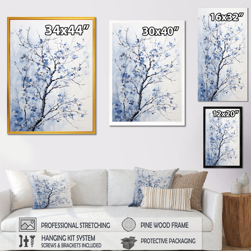 Arbre bleu et blanc en fleurs II - art mural arbre, Cadre flottant brun, H 40 po x l 30 po x P 1,5 po