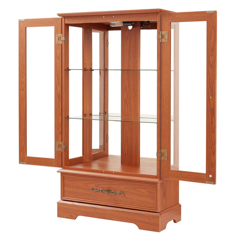 Vitrine vitrée éclairée avec tablettes réglables en verre 2 portes et 1 tiroir, Chêne foncé