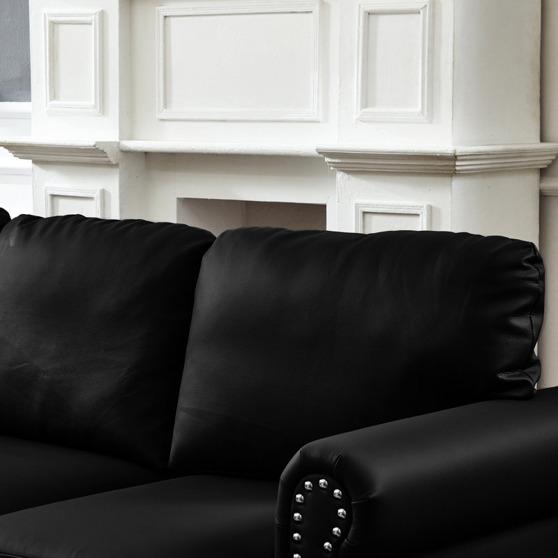 Canapé moderne de 151 cm (59,5 po) en cuir de vache noir, clous argentés sur les accoudoirs ronds, structure en bois massif, coussin d'assise en mousse haute densité, housse amovible, rangement de style classique, ressorts ensachés