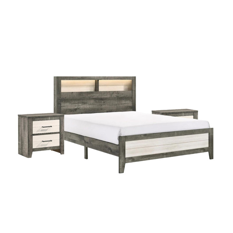 Grand lit bas avec éclairage intégré, tête de lit à planche, gris et beige, tablettes de rangement de style moderne ouvertes