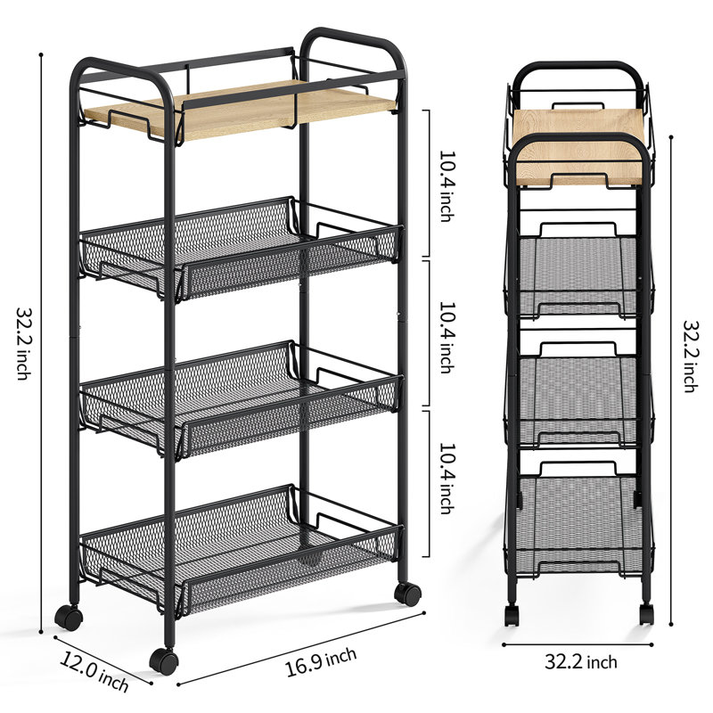 4-Tier Rolling Cart,Metal Utility Cart with Wooden Tabletop,Salon Trolley Cart,Storage Cart,Metal Cart,Printer Stand, Black