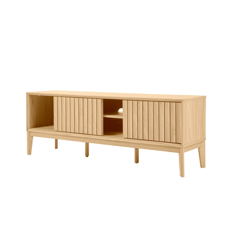 Gennaro 58" Mid-Century Oak TV Stand Media Console with Slatted Sliding Doors, Adjustable Open Shelving, and a Smooth Matte Finish
