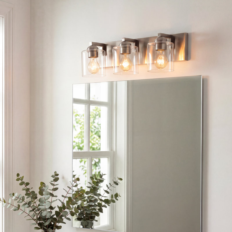 Lepe Metal Vanity Light with Opal Glass Shades, Brushed Nickel, 3, Clear Glass
