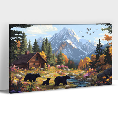 Ours, art mural sur toile, famille noire, forêt, montagne, chalet, automne, paysage, ours, décorations pour la vie sauvage, art mural, impressions sur toile, affiche sur toile encadrée, 18 po x 24 po