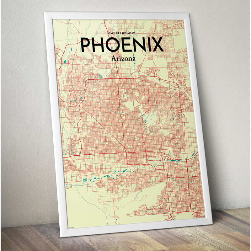 « phoenix city map », reproduction d’impression sur affiche en tricolore, H 17 po x l 11 po x P 0,05 po