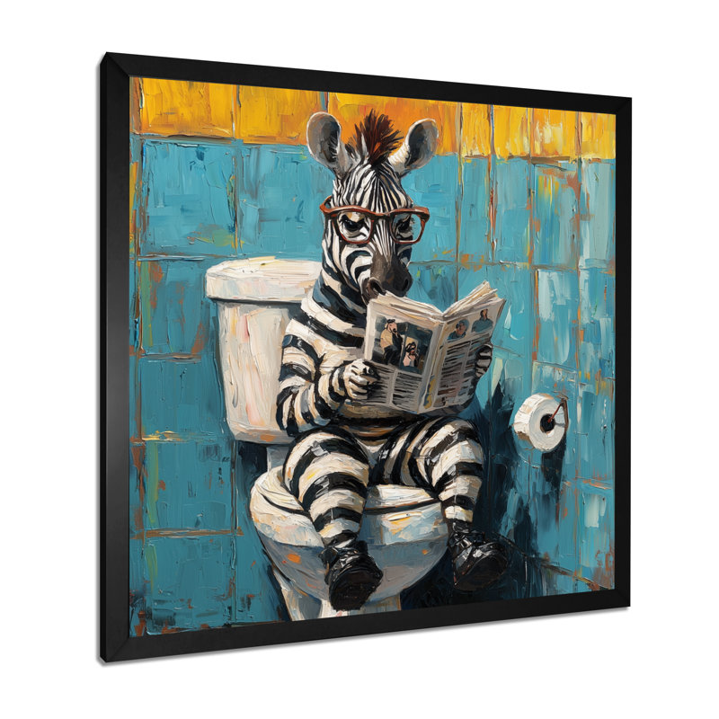 Keiji, lecture zébrée amusante d'un journal dans une toilette II - art mural zèbre, H 30 po x l 30 po, Noir
