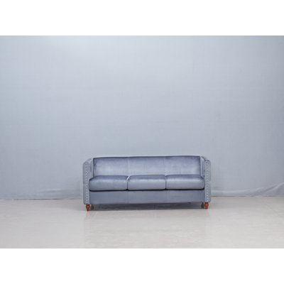 Living Room Sofa Grey Tufted Fabric Silver Rivet Design Turned