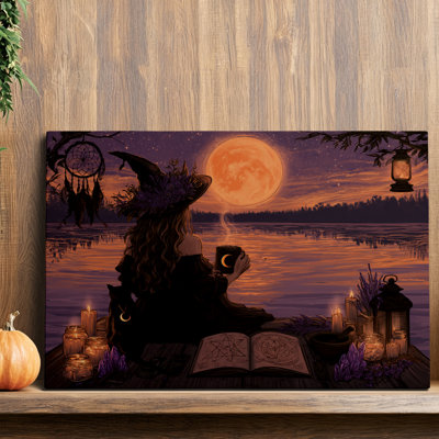 Dark Gothic Witch Lake Full Moon Spellbook Canvas Wall Art Graphic Print 32x24 Inch - Living Room Decor