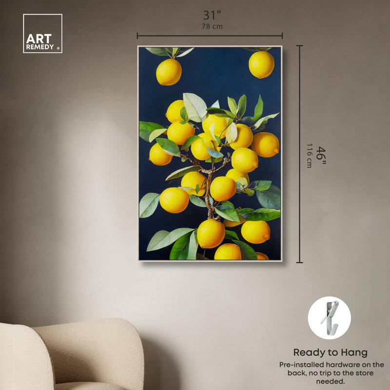 Art mural sur le thème des citrons en pleine floraison par Art Remedy, Cadre argenté, H 25 po x l 17 po