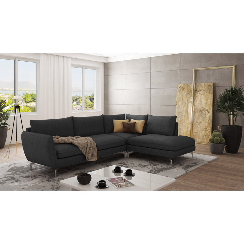Modern L-shape Corner Sofa  with Silver Metal Legs, Right Hand Facing, Graphite