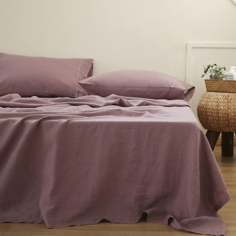 Ensemble de draps 100% lin pur, Ensemble de draps pour lit double avec trois taies, Purple