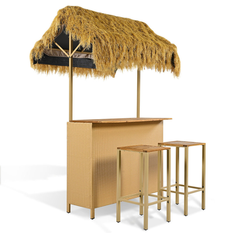 Hawaiian-Style Bar Height Patio Set With PE Grass Canopy, Outdoor Bar Table And Stools With Adjustable Feet, Acacia Wood Top, For Dining And Drinking