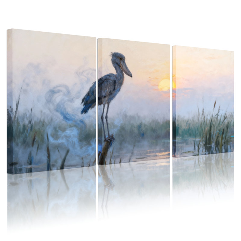 Oiseaux, cigogne, debout sur une bûche au lever du soleil, ensemble de 3 impressions sur toile, H 30 po x l 60 po