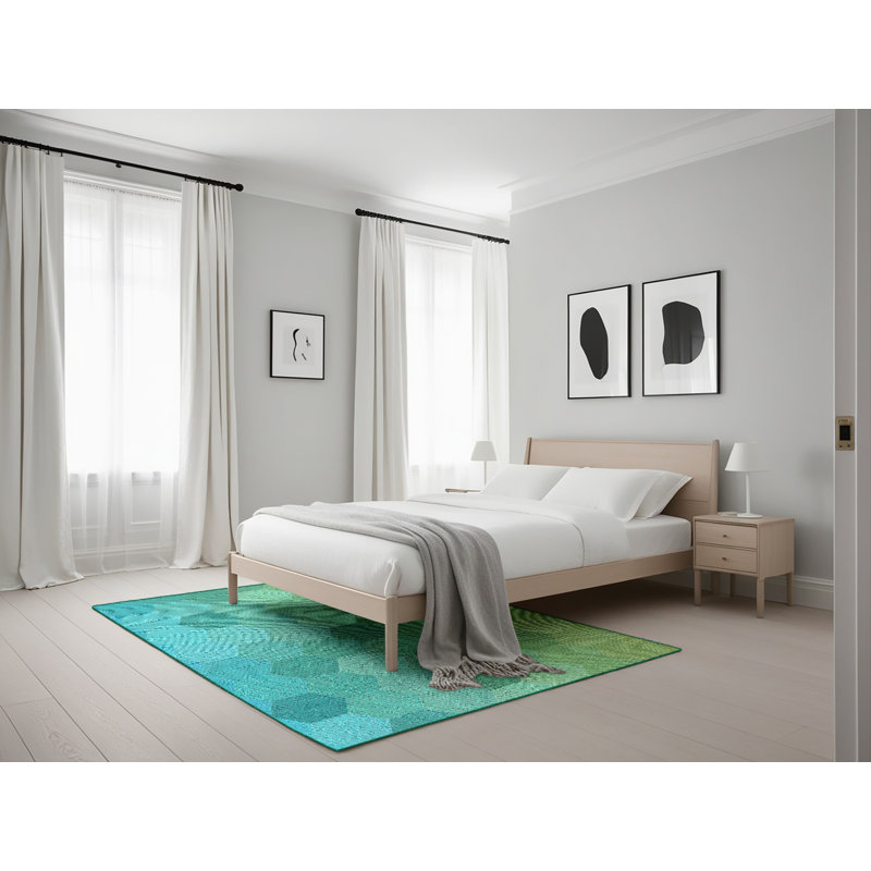 Tapis vert/jaune à motifs, Rectangle 5 pi x 7 pi