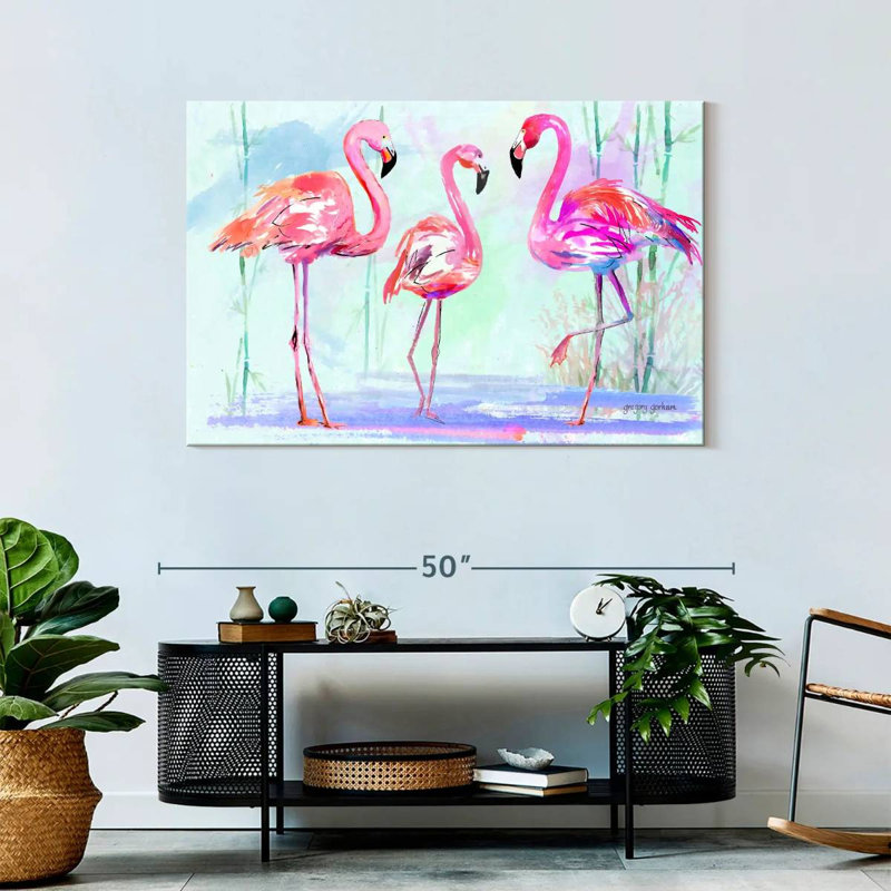Trio flamant rose Brampt sur fond bleu, H 30 po x l 45 po