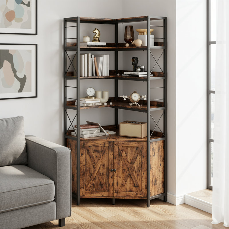 78.1"H 6 Tiers Bookshelf With Cabinet And Doors，Bookcase With Baffles And Anti-Tipping Device, Corner Shelf For Living Room, Kitchen