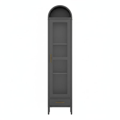 73 in Tall Narrow Arched Bookcase, Metal Arched Storage Cabinet with Glass Door & Drawer, Modern Black Pantry Cabinet for Living Room, Kitchen, Office - Easy Assembly