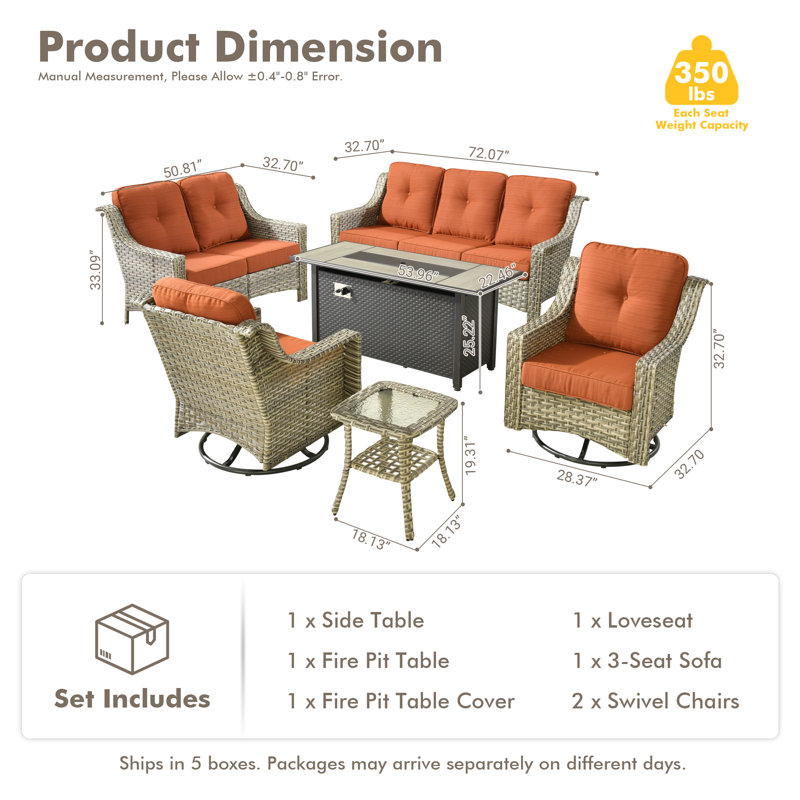 Ensemble de conversation d'extérieur en osier pour 7 personnes avec coussins avec table berçante pivotante et foyer d'extérieur Demariea