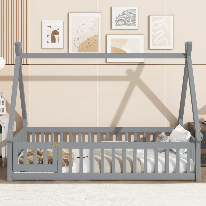 Tent-Shaped Floor Bed,Teepee Bed With Guardrails,Slats And Door, Gray, Twin