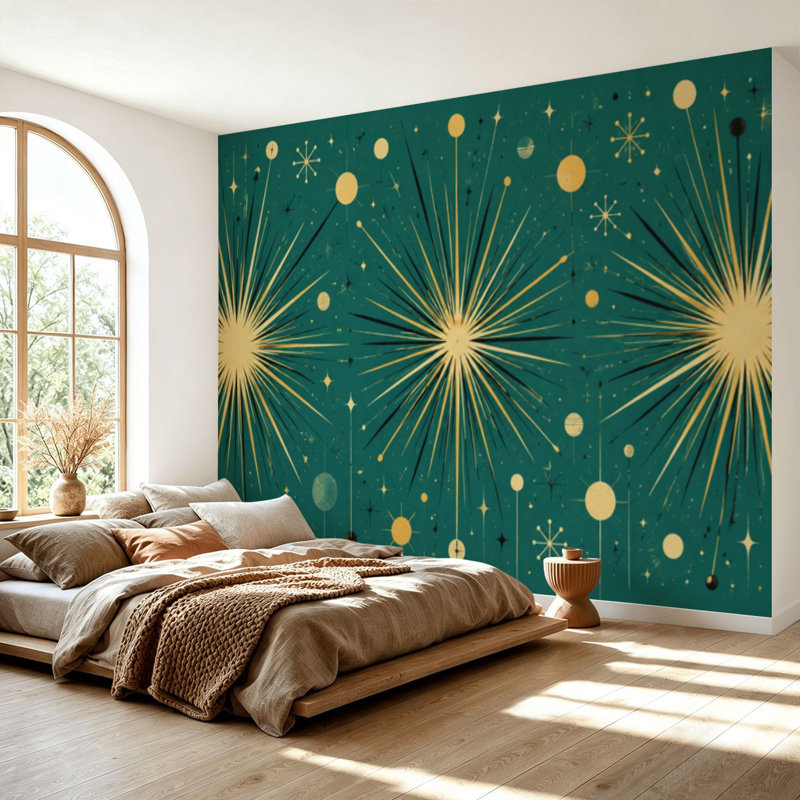 Papier peint adhésif autocollant amovible de style Mid-Century moderne vert, noir et bleu, H 69 po x l 96 po