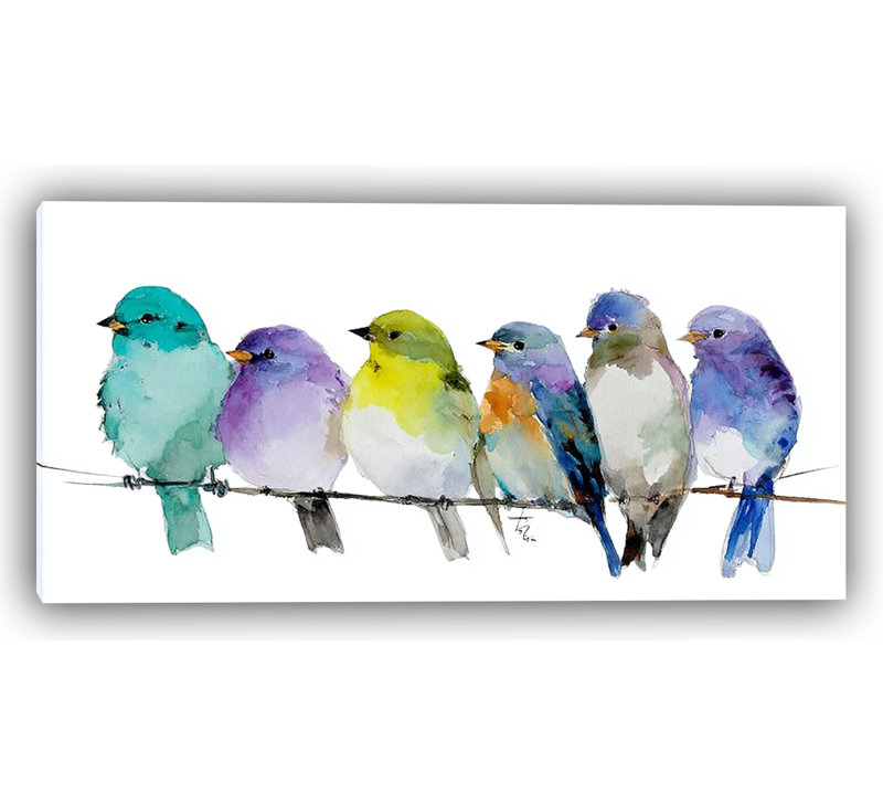 «Pastel Birds on Branches», art mural aquarelle, H 24 po x l 48 po