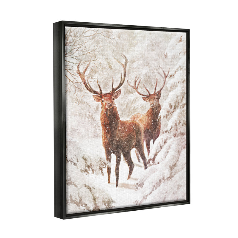 Elks Snowy Forest Wildlife par Pip Wilson, H 31 po x l 25 po x P 1,7 po, Cadre flottant noir de jais