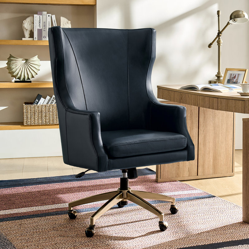 Heeg 47''H Transitional Genuine Leather Swivel Adjustable Height Tilting Executive Chair with High Backrest, Navy