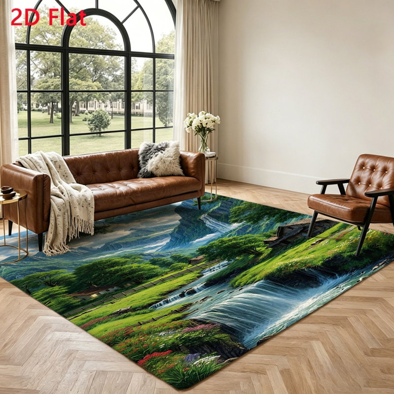 Scenic Mountain Waterfall Area Rug, Vibrant Landscape Floor Carpet, Artistic Nature Scene, Anti-slip Indoor Mat for Living Room, Bedroom, Home Decor