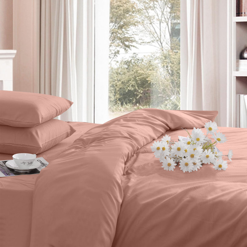 Soft Dyed Microfiber Duvet Cover Set with Matching Pillowcases Breathable Fitted Sheet Bedding Set, Peach