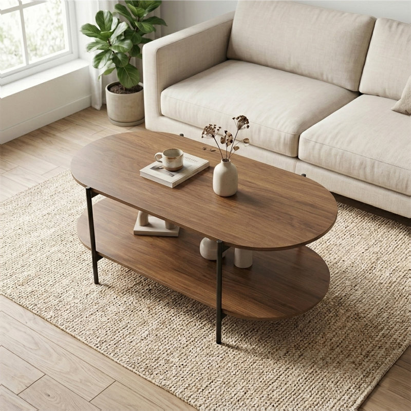 Table basse ovale à deux niveaux avec plateau de rangement industriel et plateau en bois industriel, Bois brun