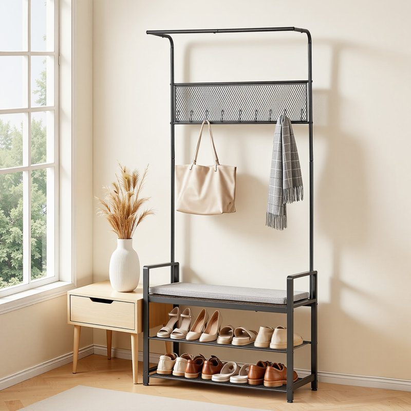 Portemanteau, portemanteau 72 po avec banc à chaussures, range-chaussures autoportant à 2 niveaux avec crochets, tringle et tablette grillagée, porte-manteau d'entrée en acier pour l'entrée, la chambre à coucher, le placard