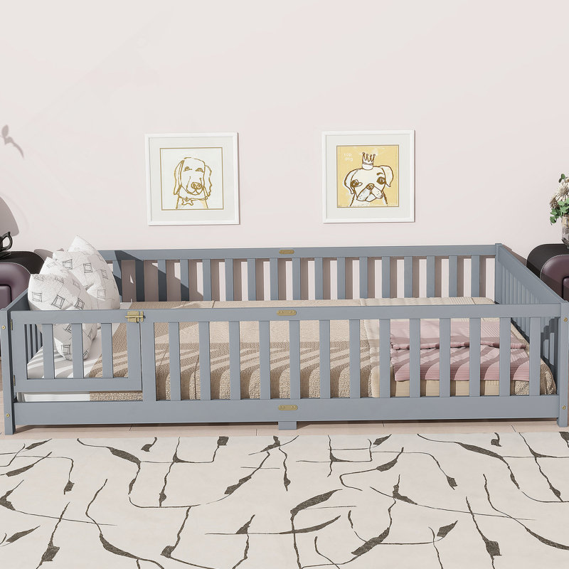 Floor Platform Bed With Fence Guardrails And Door, Queen, Gray