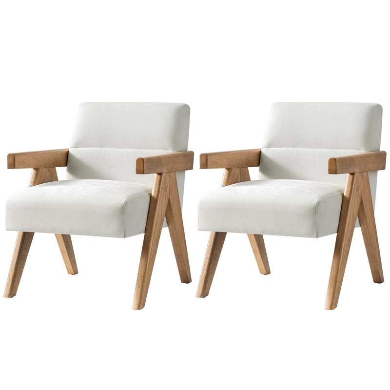 Donohoe Mid-Century Modern Accent Chair With Curved Wood Arms Set Of 2, Ivory