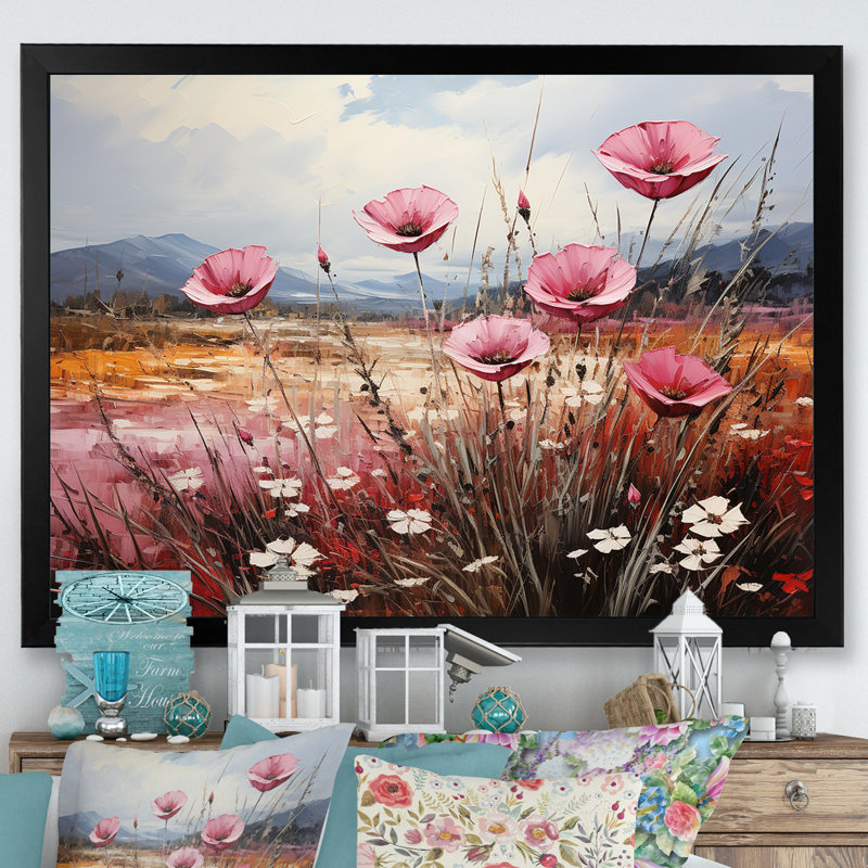 «Pink Crimson Flower Meadow Field» sur impression sur toile, Cadre simple noir, H 30 po x l 40 po x P 1,5 po