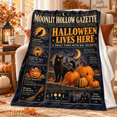 Couverture vintage en flanelle, imprimée sur du papier journal, avec chat noir, citrouilles, croissant de lune, corbeau et lanternes, idéale pour le canapé, le lit ou un coin lecture automnal. Dimensions : 127 x 152 cm.
