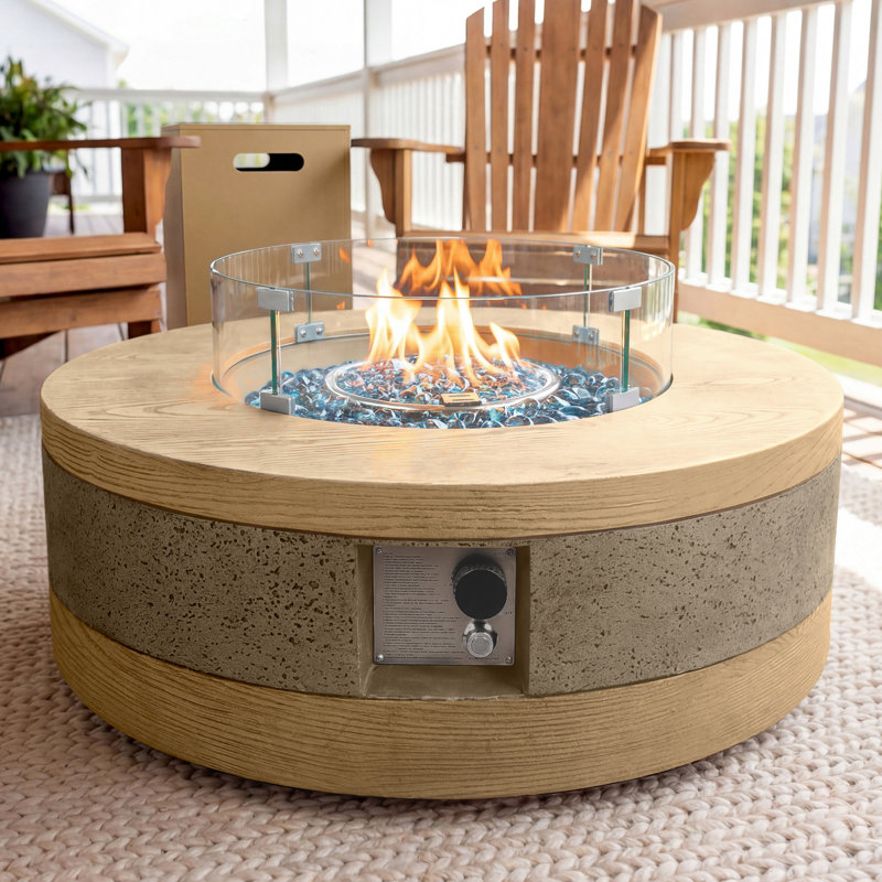 38-Inch Round Concrete Propane Fire Pit Table with Tank Cover and Wind Guard,Natural Oak, Natural Oak