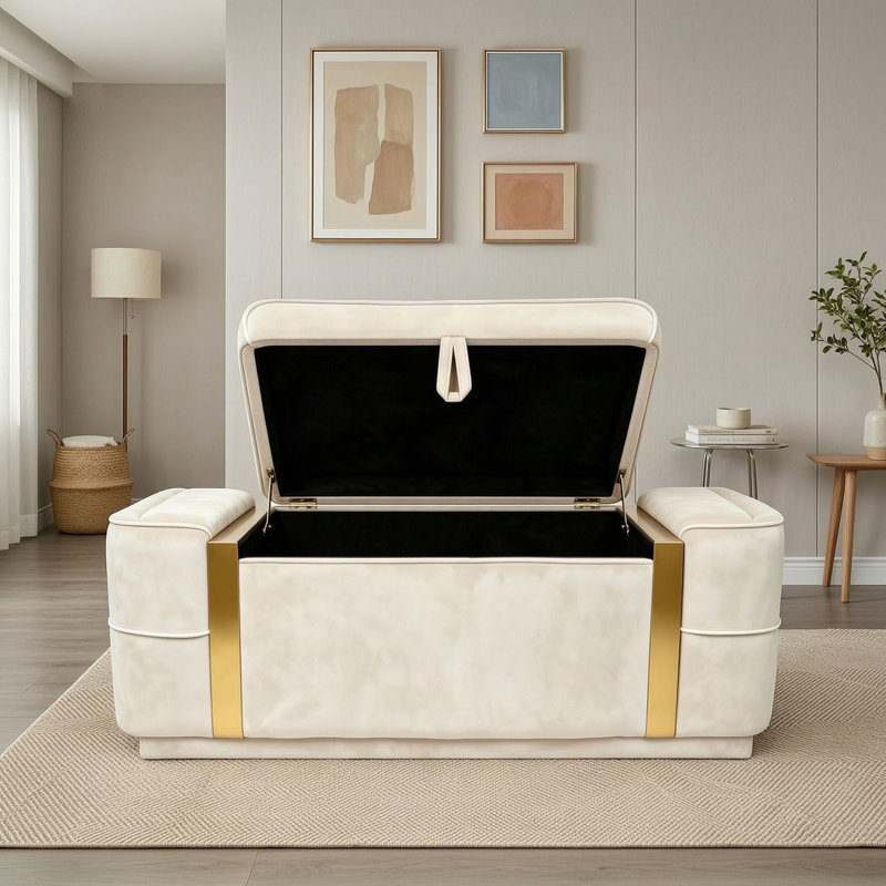 Banc coffre ottoman rembourré avec compartiment caché avec couvercle relevable, Beige
