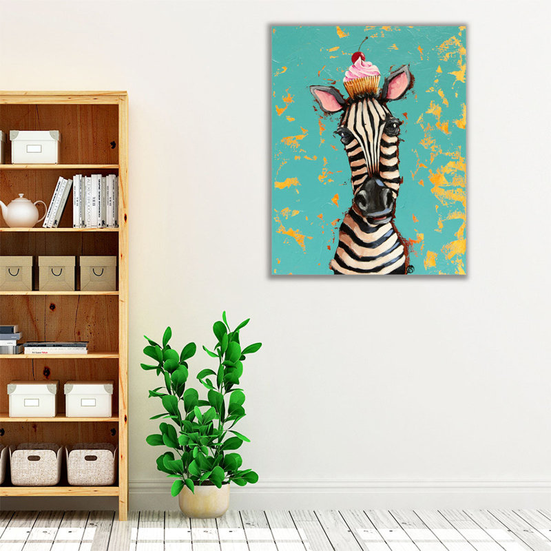 Zèbre avec petit gâteau cerise - reproduction d'art sur toile, H 20 po x l 16 po