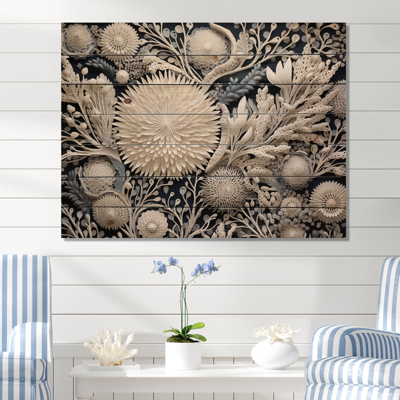 Gray Coral Flowers - Coastal Coral Under Water Wood Wall Art On Natural Pine Wood, 24" H x 32" W