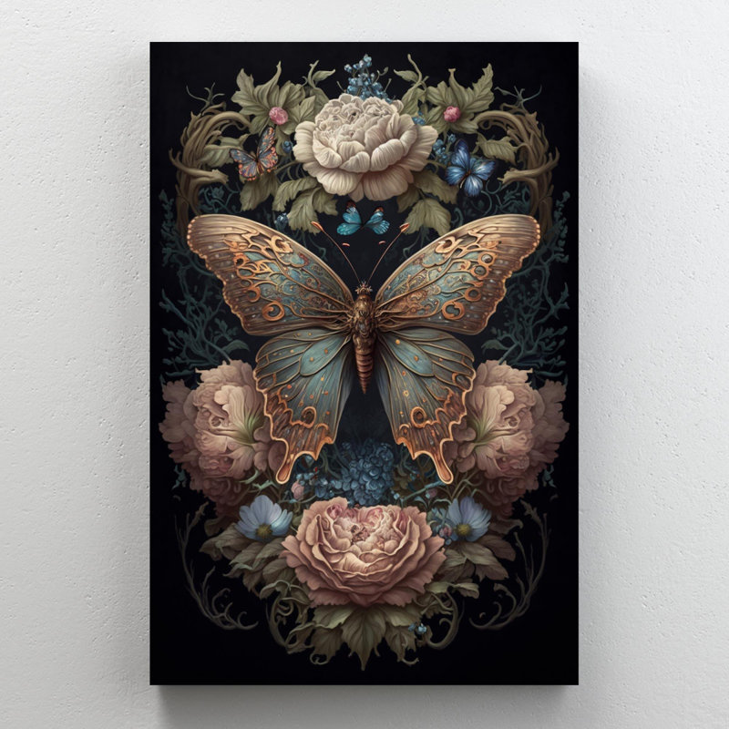 Pivoines et papillon - impression sur toile tendue, H 14 po x L 11 po x l 1,25 po